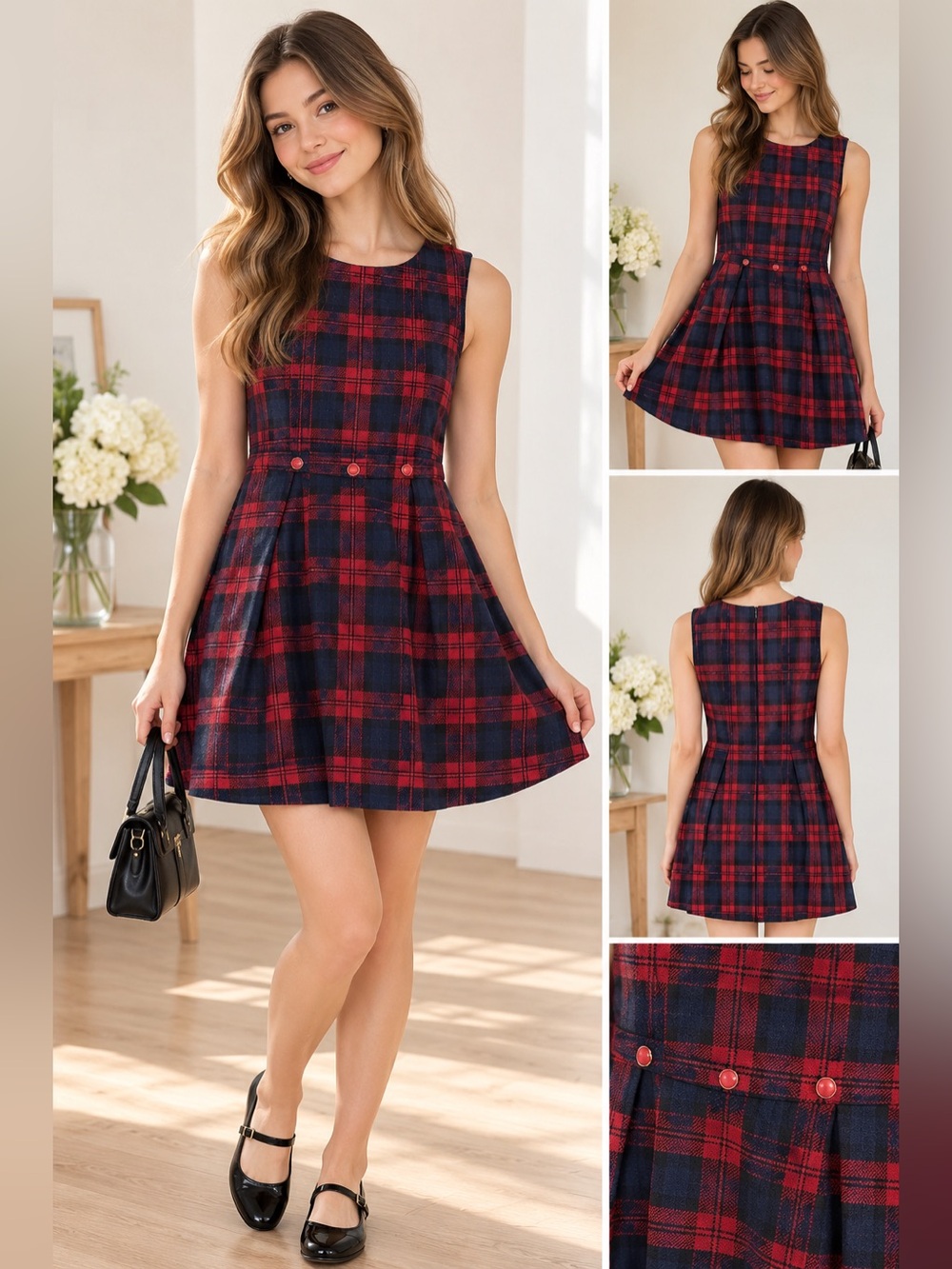 Girls Navy Blue & Red Plaid Dress, Sleeveless A-Line Pleated Dress,Preppy outfit